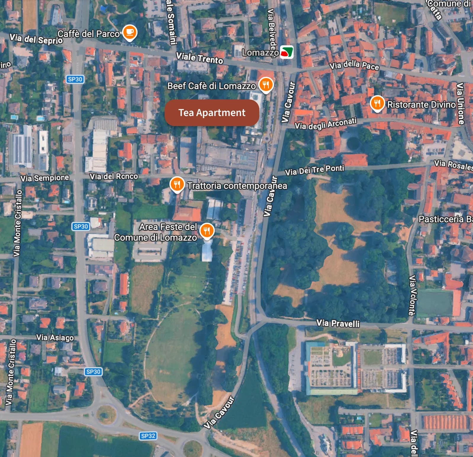 Satellite map of Lomazzo showing Tea Apartment next to the station